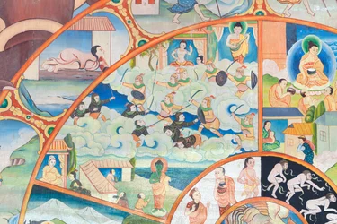 Roue de la vie (détail), peinture murale à Wat Umong, Chiang Mai, Thaïlande