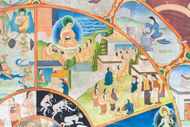 Roue de la vie (détail), peinture murale à Wat Umong, Chiang Mai, Thaïlande