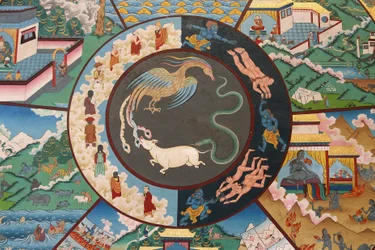 Roue de la vie ou roue du Samsara (mandala) : coq, serpent et cochon. Monastère de Kopan, Katmandou, Népal