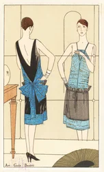 Femme devant un miroir admirant sa robe du soir en lamé bleu et or et velours noir - Lithographie coloriée à la main au pochoir du magazine de mode français de luxe 