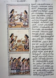Femmes préparant un festin, Livre IV du Codex florentin, version bilingue en espagnol et nahuatl, Histoire générale des choses de la Nouvelle-Espagne, Civilisation aztèque