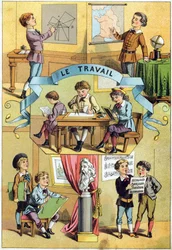Travail en classe. Gravure dans « Alphabet des petits écoliers ». Imagerie d
