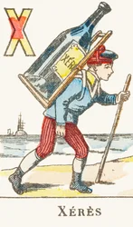 X : Xérès, un garçon porte sur son dos une grande bouteille de vin - Alphabet des jeux, vers 1890 (gravure)