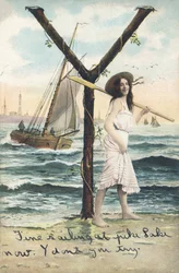 Y : Une femme pieds nus, vêtue d