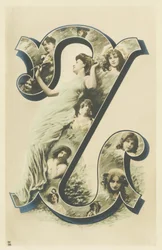 Z : photo-portrait de femme dans un long drapé bleu, plusieurs bustes de femmes dans la lettre - Portraits alphabétiques de femmes. A. L. éditeur