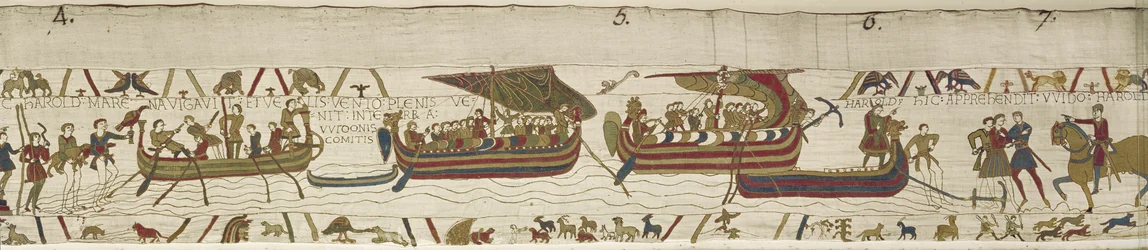 Harold traverse la Manche dans le territoire de Guy, comte de Ponthieu, où il est capturé, Tapisserie de Bayeux