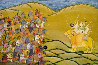 Peinture Marwar : Les démons se préparent à combattre la déesse Durga, musée du palais du Fort Mehrangarh, Jodhpur, Rajasthan, Inde