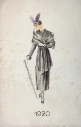 Modèle portant un manteau et un chapeau à plumes, tenant un parapluie