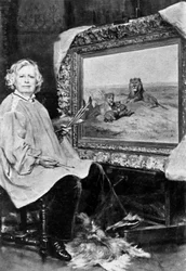 Rosa Bonheur (1822-1899) peintre animalière française ici devant une de ses toiles représentant des lions vers 1875