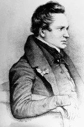 Victor Hugo (1802-1885) écrivain français, ici en 1832, gravure de Georges Frey d
