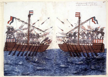 Gravure du XVIe siècle représentant la rencontre avec un navire pirate dans l