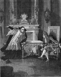 1715 : le roi de France Louis XIV (1638-1715) écoutant les paroles du Père Michel Le Tellier (1643-1719), son confesseur jésuite. Gravure du XIXe siècle. Dans « Histoire de France » par Jules Michelet