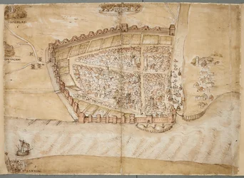Une représentation du XVIe siècle de la ville de Hull. Cette carte montre la ville de Hull, située là où la rivière Hull se jette dans l