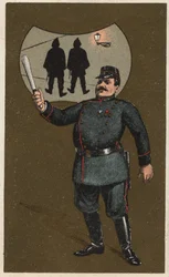 Un policier français en uniforme avec sa matraque. Chromolithographie anonyme, fin du 19e siècle.
