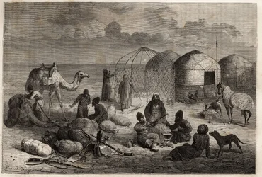 Un camp turcoman à la frontière du Turkestan et de la Perse, chaque tente, composée de treillis en bois et recouverte de feutre, abrite une famille. Gravure pour illustrer le récit d