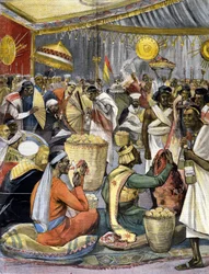 Un banquet à la cour du roi Ménélik II (1844 - 1913) en Éthiopie. Illustration pour la presse de la fin du 19e siècle