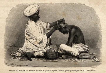 Un barbier travaillant dans les rues de Calcutta. Gravure pour illustrer le voyage dans les provinces méridionales de l