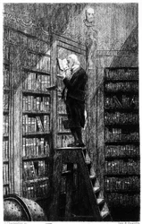 Un bibliothécaire sur son échelle examinant des livres sur des étagères. Gravure du 19ème siècle