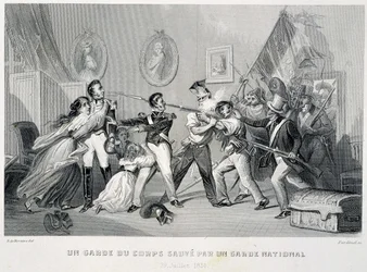 Un garde du corps sauvé par un garde national (29 juillet 1830) - dans « Fastes des Gardes nationales de France »