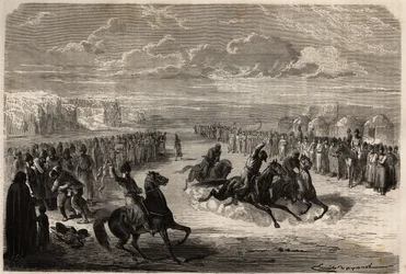 Un concours de lutte à mains nues et une course de chevaux parmi les Turcomans, organisée lors des grandes fêtes publiques, la distance de la course est d