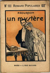 Un couple de jeunes mariées découvre une lettre qui ravit la femme mais surprend beaucoup le mari. Illustration de couverture du roman populaire "Un mystère au village" de P. Gourdon, édition bonne presse, Paris 1923. Collection Selva.