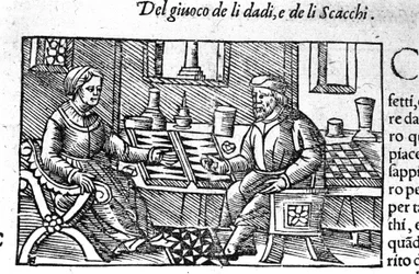 Un couple jouant aux dés. Gravure d