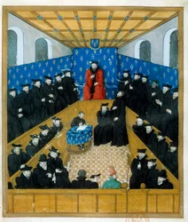 Une cour de justice au 15e siècle. Miniature. Paris, B N