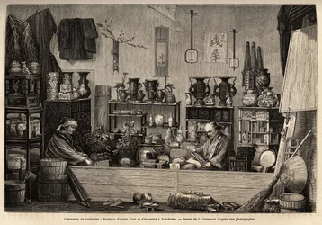 Un commerce de curiosités à Yokohama. Gravure pour illustrer le voyage au Japon, par Aimé Humbert, ministre de la Confédération suisse, en 1863-1864, publié dans « Le tour du monde » 1869, édité par Édouard Charton, édition Hachette, Paris. Collection Selv