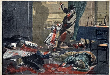 Une famille assassinée : meurtre de la famille Leblond par Caillard, un forcené, à Nassandre, près de Bernay. Illustration dans « Le Pèlerin » du 10 avril
