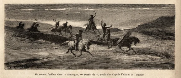 Un convoi funéraire dans la campagne islandaise, dirigé par un cheval portant le cercueil, suivi d