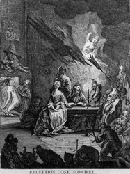 Une fille est reçue par une sorcière, entourée de créatures monstrueuses (à une cérémonie d