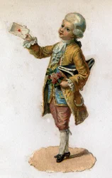 Un messager (18ème siècle) portant une lettre scellée. Chromolithographie vers 1890.