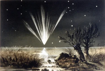 Une météorite tombant dans la mer. Lithographie en couleur de la fin du 19ème siècle