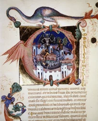 Une lettrine « A » représentant la ville du diable. Manuscrit du 14ème siècle « De Civitate Dei » de Saint Augustin. Biblioteca Comunale di Rimini