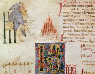 Un moine se réchauffant les pieds devant un feu, mois de février. (miniature)