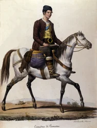 Un paysan à cheval, dans les environs de Camastra en Sicile. Gravure du 19ème siècle