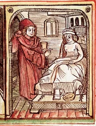 Un médecin administre à son patient un traitement à base de plantes médicinales. Gravure tirée du « Tractatus de pestilentia », XVe siècle - Prague, Bibliothèque nationale