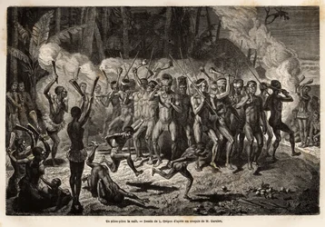 Un pilou-pilou dans la nuit, une danse traditionnelle des cérémonies tribales kanak. Gravure pour illustrer le voyage à la Nouvelle-Calédonie, par Jules Garnier, ingénieur civil des mines, en 1863-1866, publié dans « Le tour du monde, nouveau journal des v