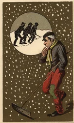 Un collecteur de neige avec sa pelle. Chromolithographie anonyme, fin du XIXe siècle.