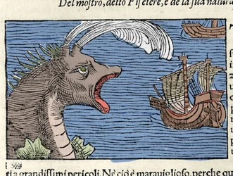 Un cachalot (?) (physeter) attaque un navire. Gravure par Olaus Magnus (1490 - 1557), religieux et géographe suédois, « Historia de Gentis Septentrionalibus », Venise