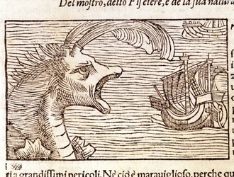 Un cachalot (?) (physeter) attaque un navire. Gravure par Olaus Magnus (1490 - 1557), religieux et géographe suédois, « Historia de Gentis Septentrionalibus », Venise