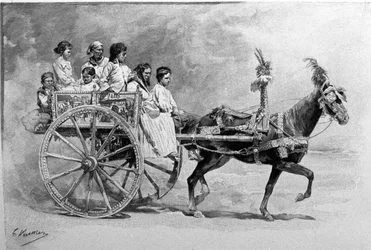 Un char traditionnel sicilien. Gravure du 19ème siècle