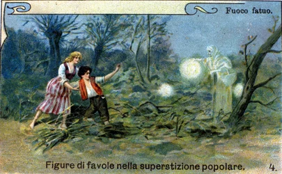 Un feu follet, une lumière diffuse visible la nuit près des marais et des cimetières, serait un esprit malin de la tradition populaire. Chromolithographie du XIXe siècle.
