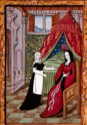 Une jeune femme probablement Louise Laval (décédée en 1480) dans sa chambre avec son serviteur. Miniature tirée de « Histoire de Jean III de Brush et de sa femme Louise de Laval » (ms. 1475, fol. 10r) Chantilly, musée Condé