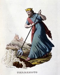 Selon la mythologie grecque, les tremblements de terre sont causés par Neptune, qui secoue la terre avec son trident. Gravure du XIXe siècle.