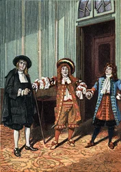 Acte II de « Le Bourgeois Gentilhomme » comédie-ballet en cinq actes en prose de Molière. Le maître philosophe (M. Lenoir), le maître de danse (M. Truffier), M. Jourdain (M. Coquelin cadet). Vers 1890.