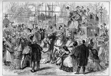 Adolphe Thiers (1797-1877), président de la République française, visitant les travaux de construction de sa maison Place Saint-Georges à Paris, est chaleureusement accueilli par la population. Gravure dans "L