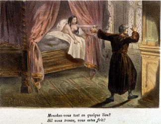 Adultère : un moine surpris qui tente de se cacher et une femme nue au lit. Lithographie, sans date, début du XIXe siècle.