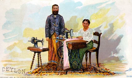 Publicité pour les machines à coudre Singer, Ceylan (Sri Lanka actuel). 1892