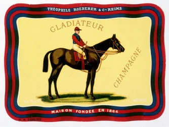 Étiquette publicitaire pour « Gladiateur Champagne - Théophile Roederer & Cie. Reims - Maison fondée en 1864 ». Chromolithographie n.d.